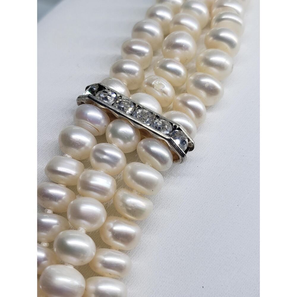 Freshwater Pearl Necklace 3 Strand White Rhinestone Spacers Silver Tone Layered - Picture 13 of 15